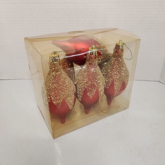 6 Vintage Red Satin Glass Teardrop Gold Glitter Christmas Ornaments - Picture 2 of 2